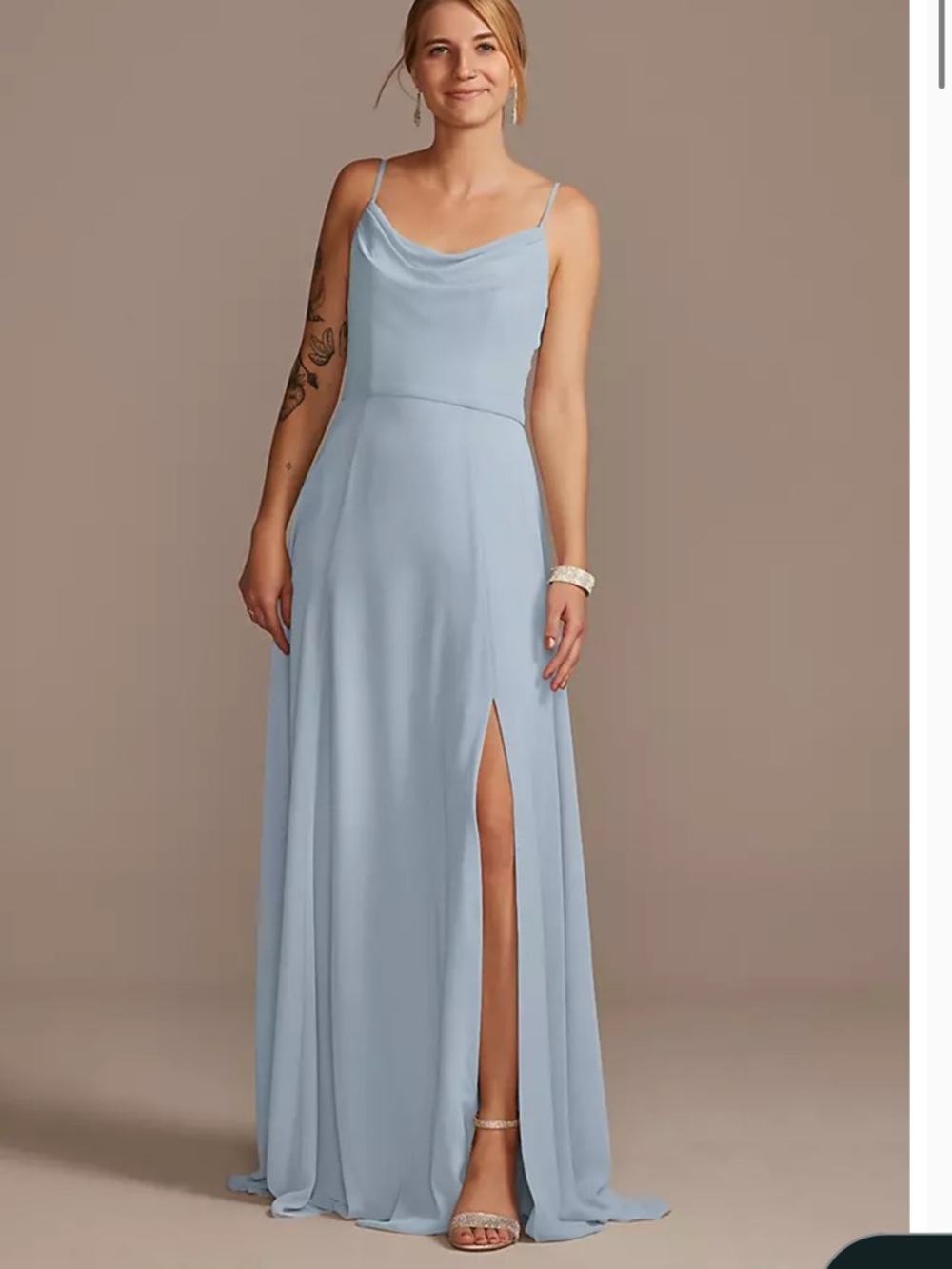 David’s Bridal Cowl Neck Chiffon Dress Slit Dusty Blue Altered To Size 6 Maxi